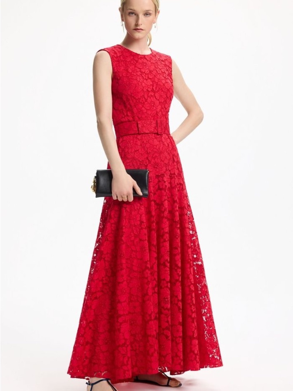 NWOT CH Carolina Herrera Red Lace Belted Sleeveless Maxi Dress, Size US 2/6/8/10